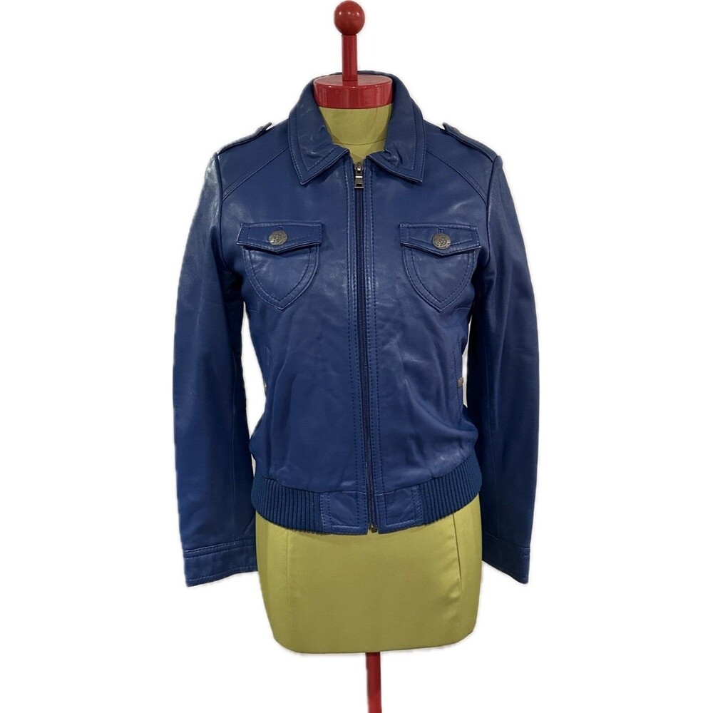 KNOLES & CARTER Italian Lamb Skin Bomber Jacket Blue Quilted Lining Medium